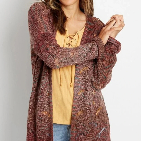 Maurices Sweaters - Maurices Burgundy Cardigan Sweater XS Colorful Wave Stitch Open Front X Small